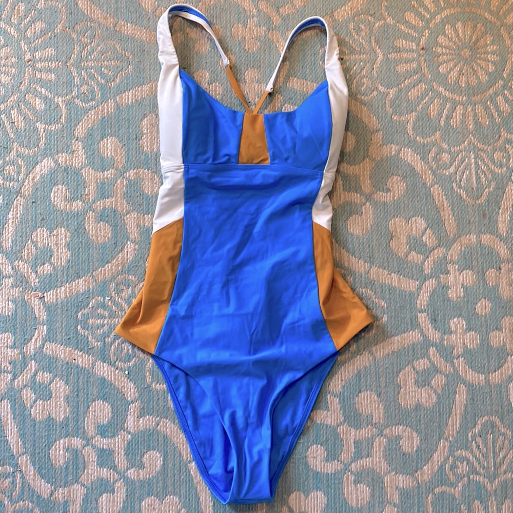 NWT Prana size L; “Tulum one-piece”, “Clear sky color lock”, fully lined.